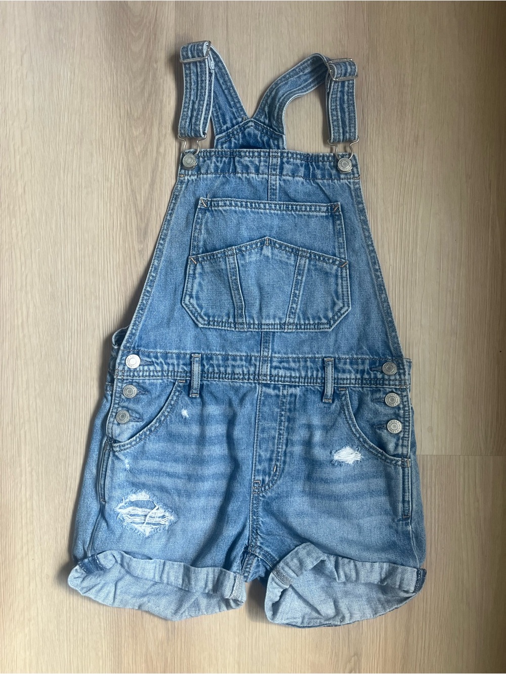GAP Light Blue Distressed Denim Short Overalls for Kids